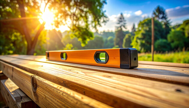 Level tool on wooden beam in outdoor setting with natural scenery