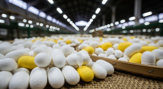 Silk cocoons in industrial setting for sericulture and textile production