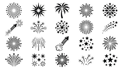 Fireworks vector illustration collection featuring diverse bursts, star patterns, rocket shapes, palm effects, constellation designs, festive celebration, black line drawings, holiday, festival art © Stockify