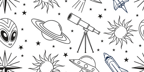 Seamless space pattern with alien, planet, telescope, and star doodle icons. Outer space illustration features hand-drawn astronomy line art. Great for fabric, wallpaper, kids projects. © Parul
