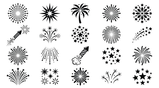 Fireworks vector illustration collection featuring diverse bursts, star patterns, rocket shapes, palm effects, constellation designs, festive celebration, black line drawings, holiday, festival art