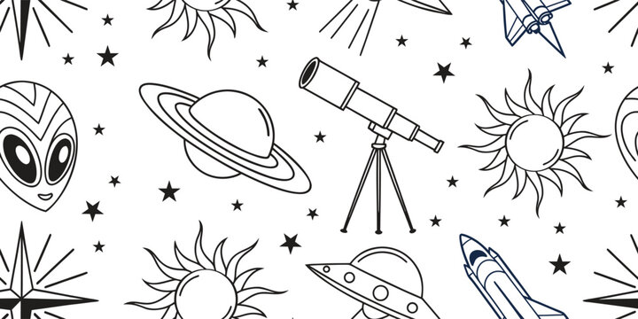 Seamless space pattern with alien, planet, telescope, and star doodle icons. Outer space illustration features hand-drawn astronomy line art. Great for fabric, wallpaper, kids projects.