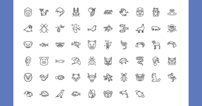 outline animals icons set - orangutan, lemur, rabbit, sable. editable vector for web and mobile ui