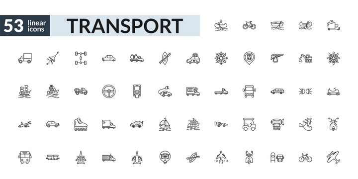 outline transport icons set - boating, steering, inline skates, light aircraft. editable vector for web and mobile ui