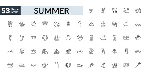 outline summer icons set - refreshing cold drink, rubber ring, pinic basket, rackets. editable vector for web and mobile ui © IconArt