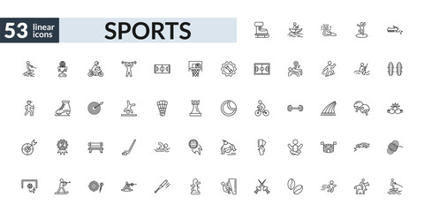 outline sports icons set - ski boots, cartwheel, work bench, jet surfing. editable vector for web and mobile ui © IconArt