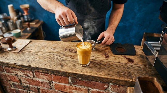 Barista pouring steamed milk into coffee for latte art on rustic bar