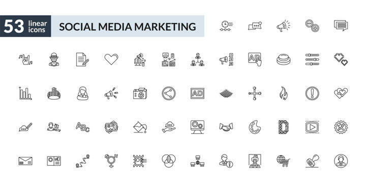 outline social media marketing icons set - timeline, announcement, letters, user avatar. editable vector for web and mobile ui