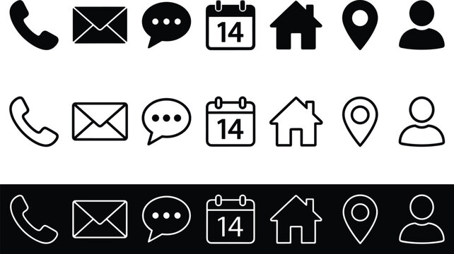 Contact info phone email chat calendar home location and user icon set vector illustration isolated on white