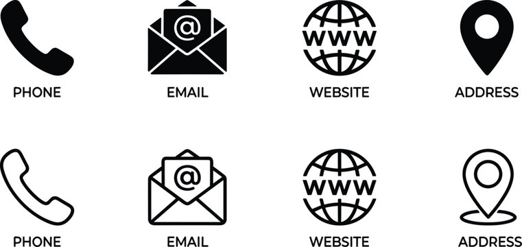 Contact information business card icon set vector illustration isolated on white background with solid and outline layouts