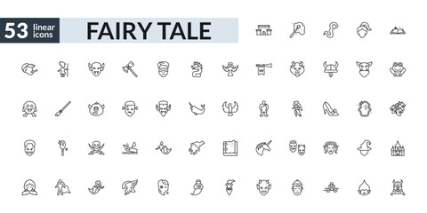 outline fairy tale icons set - castle, frankenstein, jolly roger, dwarf. editable vector for web and mobile ui © IconArt