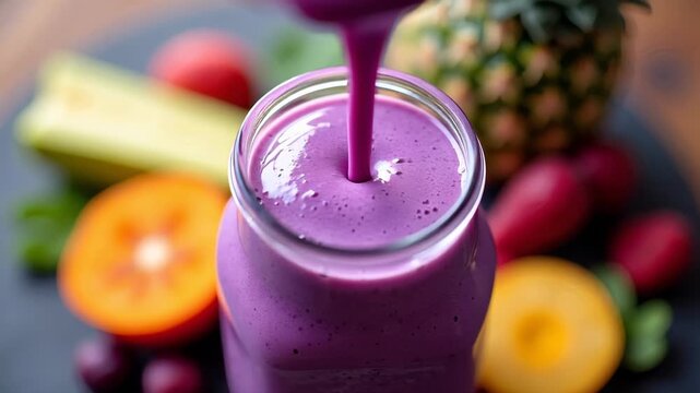 smoothie being blended with tropical fruits, purple liquid swirling in glass jar, bright tropical bokeh