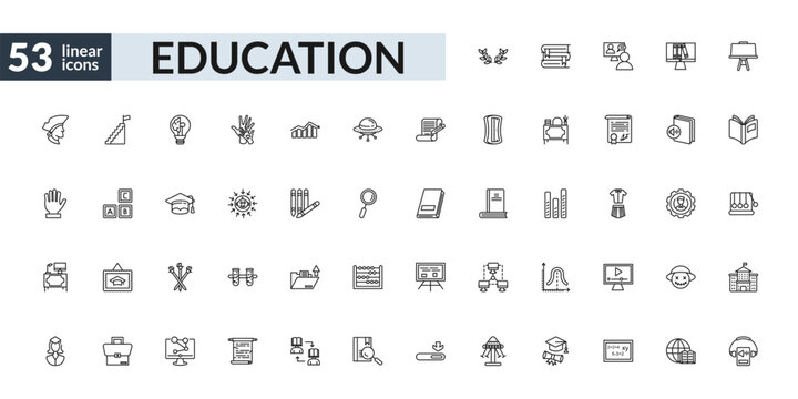 outline education icons set - laurel wreath, daycare center, three musketeers, audio book. editable vector for web and mobile ui