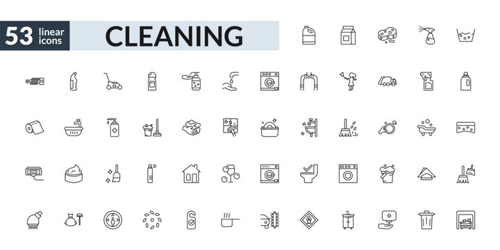outline cleaning icons set - bleach cleanin, mop cleanin, sweeping, clean cars. editable vector for web and mobile ui