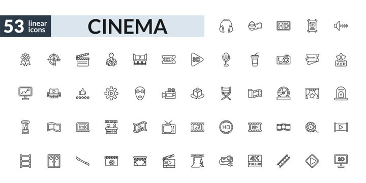 outline cinema icons set - headphone, video tings, buy tickets online, 3 dimension screen. editable vector for web and mobile ui
