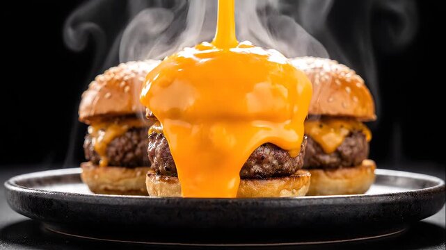 Gourmet Beef Burger Topped With A Cascading Layer Of Melted Golden Cheese On A Dark Plate
