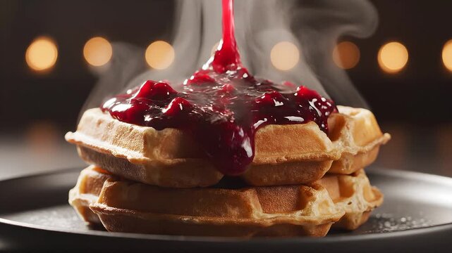 Hot Belgian waffles with steaming sweet cherry syrup being poured on top