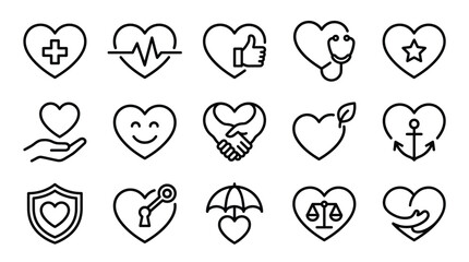 Fototapeta premium Heart icons vector illustration set featuring medical cross, heartbeat, stethoscope, handshake, shield, umbrella, scales, leaf, anchor, star, compassion, wellness, trust