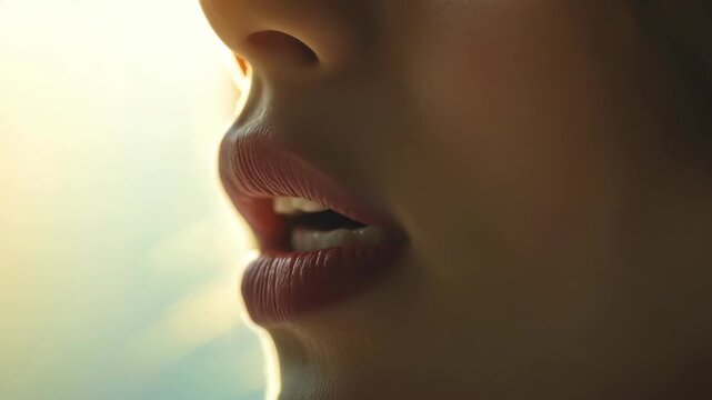 Smiling woman's lips with soft sunlight in the back.