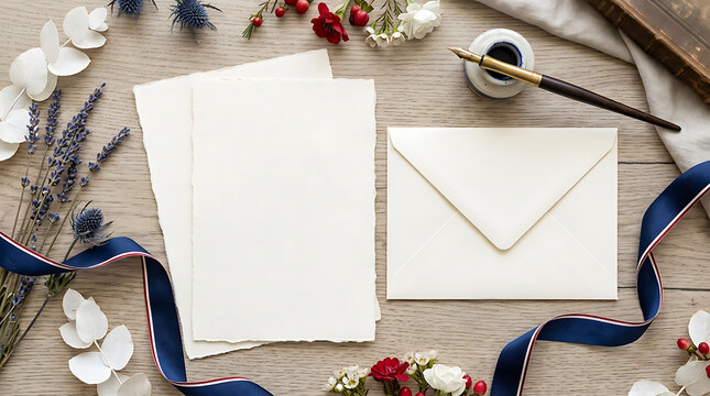 Stationery set featuring blank paper sheets and an envelope lies on a wooden desk decorated with dried flowers and a calligraphy pen.