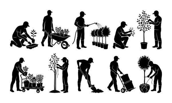 Gardener People Silhouettes Collection Set of Planting Tasks