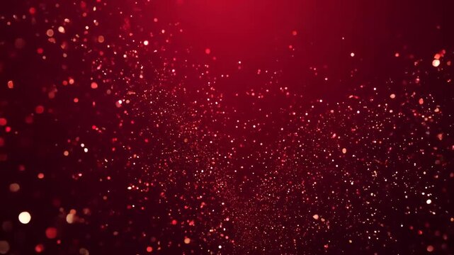 Vibrant red glowing digital particles floating dynamically in an abstract background with a bokeh effect. 4k Video footage.