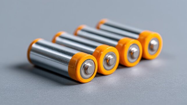 Four cylindrical AA alkaline batteries arranged in  neat parallel row on  solid flat surface