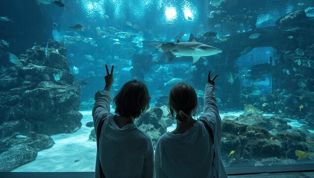 Two people view a large aquarium tank with sharks and diverse marine life