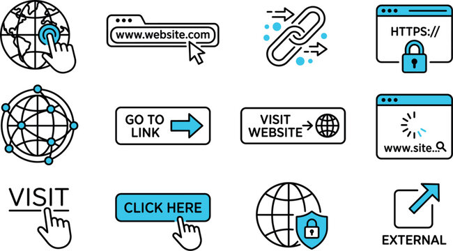 Collection of website visit and link click icons with globe and security symbols