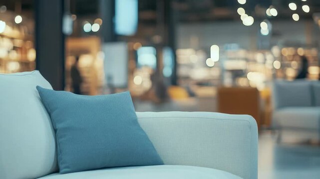 A contemporary seating arrangement in a spacious lobby setting, featuring comfortable blue pillows and elegant light fixtures