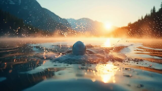 Open water swimmer stroking through morning mist on lake, water droplets catching light, mountain bokeh horizon