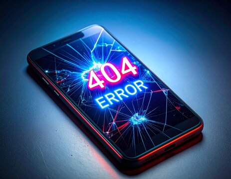 Broken smartphone screen displaying neon 404 error message.