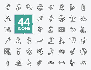 Fototapeta premium outline sports icons set - home run, soccer ball, boy with skatingboard, chequered flag. editable vector for web and mobile ui