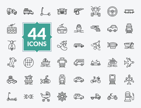 outline transportation icons set - cement truck, small helicopter, pt boat, bikes. editable vector for web and mobile ui