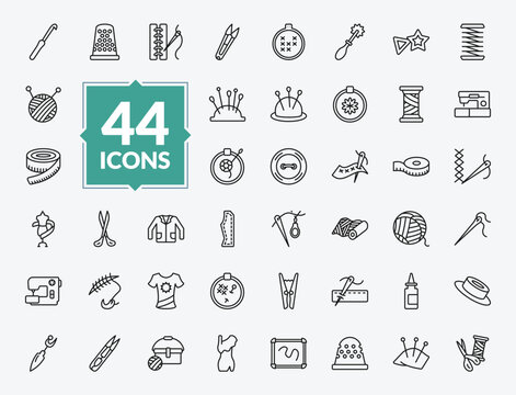 outline sew icons set - crochet hook, needlepoint, jacket, running stitch. editable vector for web and mobile ui
