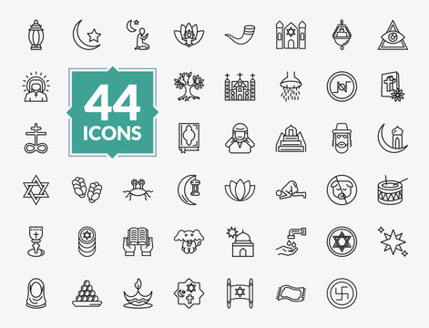outline religion icons set - arabian lantern, monastery, challah, zuhr prayer. editable vector for web and mobile ui