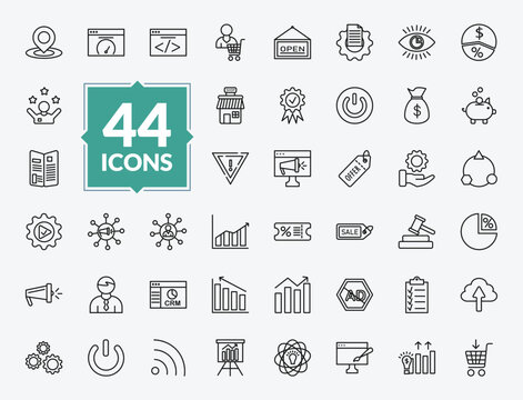 outline marketing icons set - place, on, affiliate, ad blocker. editable vector for web and mobile ui