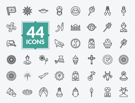outline india icons set - india badge, malai kofta, lakshmi, veena. editable vector for web and mobile ui