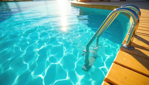 Clear turquoise pool water with bright sun reflections. Metal ladder descends into refreshing liquid. Wooden deck borders pristine swimming basin. Pure refreshment.