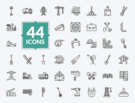 outline construction tools icons set - antique key, businessman portfolio, spade, two shovels. editable vector for web and mobile ui