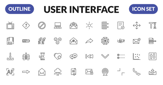 outline user interface icons set - eighties, office folders, download arrow, auto focus. editable vector for web and mobile ui