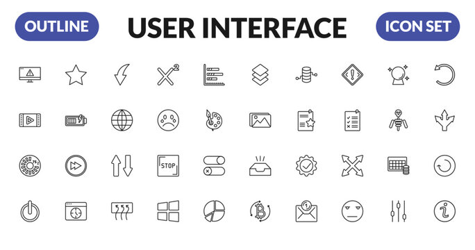 outline user interface icons set - error page, video edition, round loading progress, on off power button. editable vector for web and mobile ui