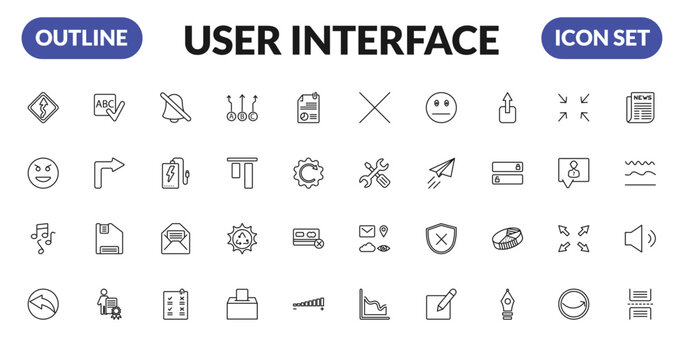 outline user interface icons set - curvy road ahead, evil smile, musical, back arrow. editable vector for web and mobile ui