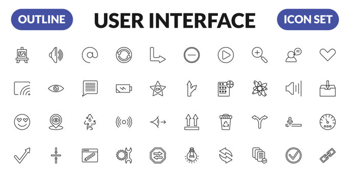 outline user interface icons set - artboard, stream, in love smile, check mark arrow. editable vector for web and mobile ui