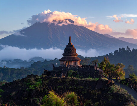 Ancient temple on hill with majestic mountain landscape