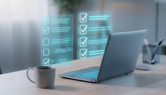 Espacio de trabajo moderno con port&aacute;til, caf&eacute; y lista de tareas digital hologr&aacute;fica. Concepto de productividad, organizaci&oacute;n, planificaci&oacute;n y trabajo remoto.
