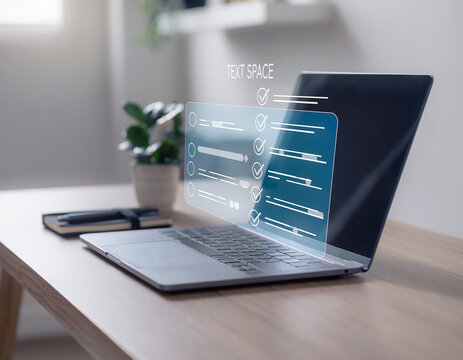 Espacio de trabajo moderno con port&aacute;til, caf&eacute; y lista de tareas digital hologr&aacute;fica. Concepto de productividad, organizaci&oacute;n, planificaci&oacute;n y trabajo remoto.