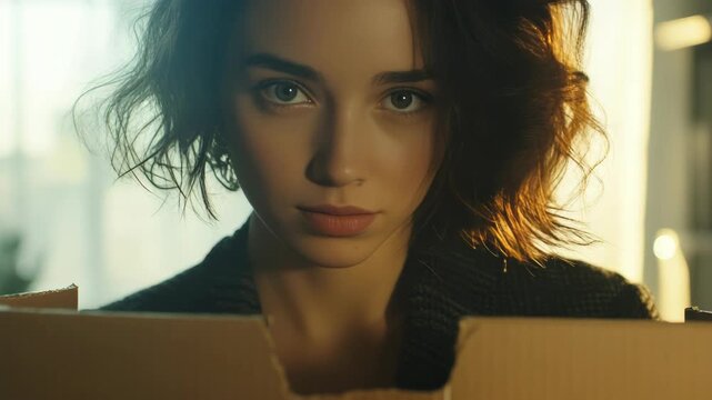 A woman with short brown hair stares into a cardboard box with a serious look on her face.