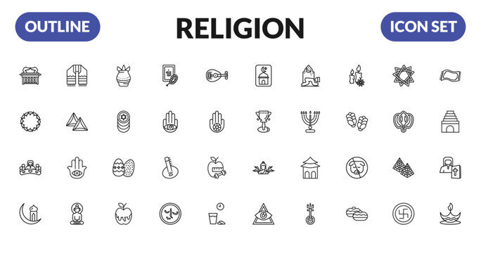 outline religion icons set - ark of the convenant, crown of thorns, last supper, islamic ramadan. editable vector for web and mobile ui