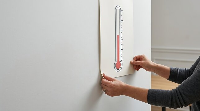 Person placing thermometer goal chart on wall for fundraising